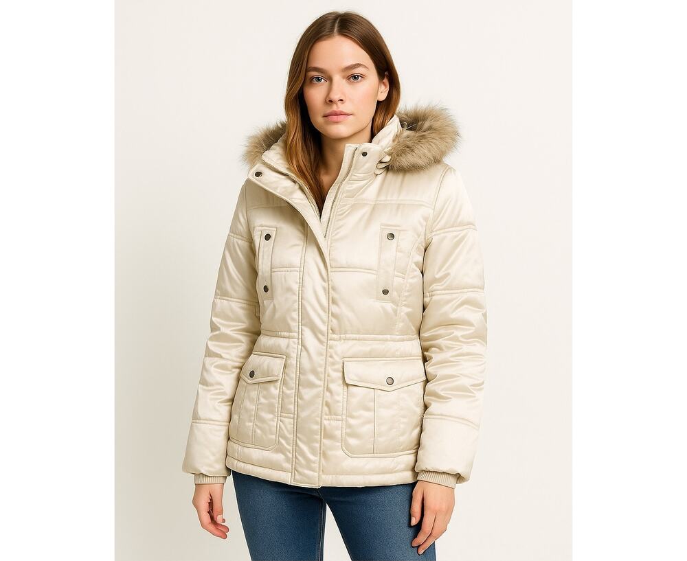2000s Esprit Faux Fur Hooded Cream Winter Puffer Coat Size Medium